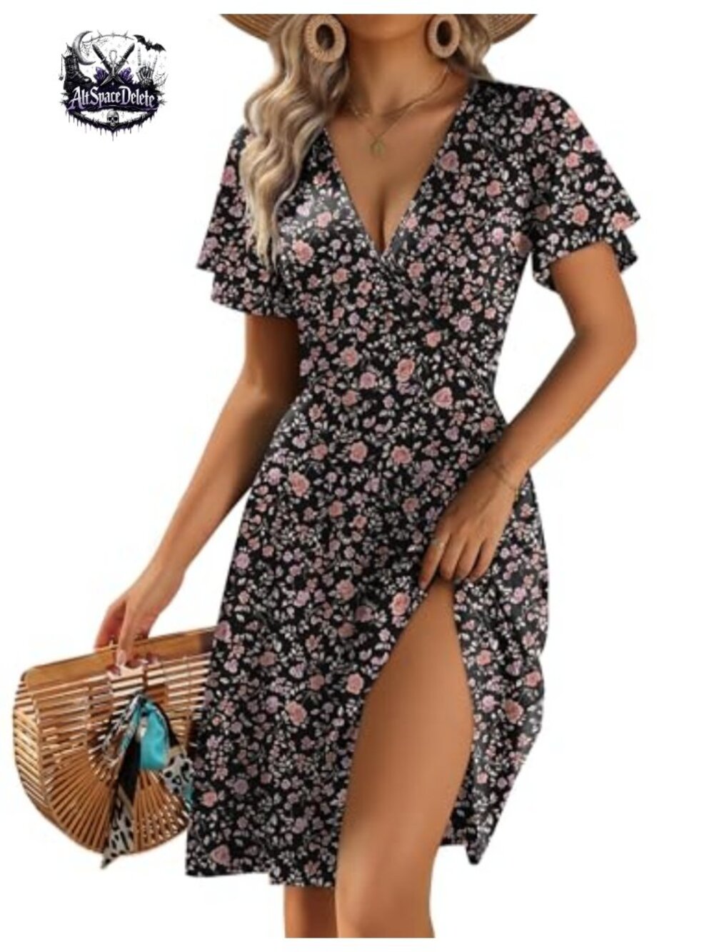 Women's Floral Wrap V-Neck Ruffle Sleeve A-Line Sundress with Pockets